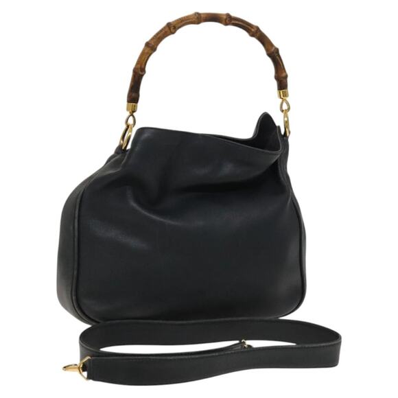 GUCCI Bamboo Hand Bag Leather Black Gold - Picture 1 of 16